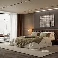 Modern Bedroom Interior Featuring Bed with Headboard Pillows Quilt Wall Art Chair and Window Curtains