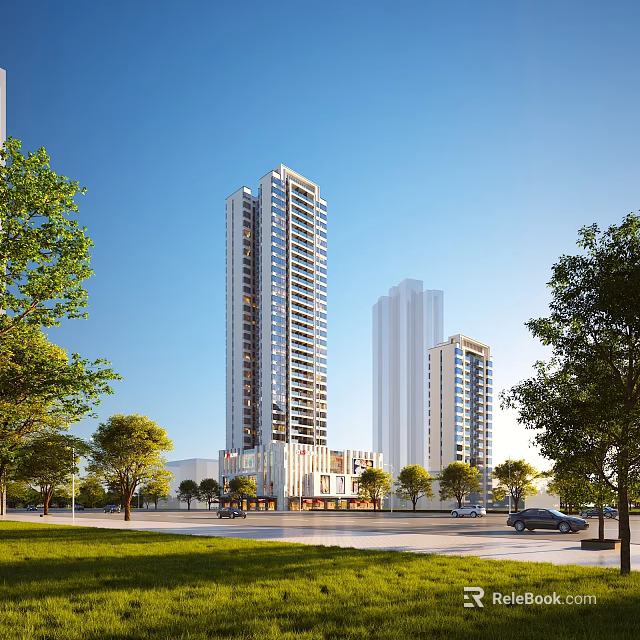 Modern High Rise Residential Buildings With Green Trees And Street Vehicles 3d model 