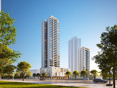 Modern High Rise Residential Buildings With Green Trees And Street Vehicles 3d model