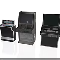 Three Vintage Electronic Computing Machines With Display Screens And Keyboards