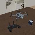Portable Drone With Remote Controller And Smartphone On Wooden Table 3d model