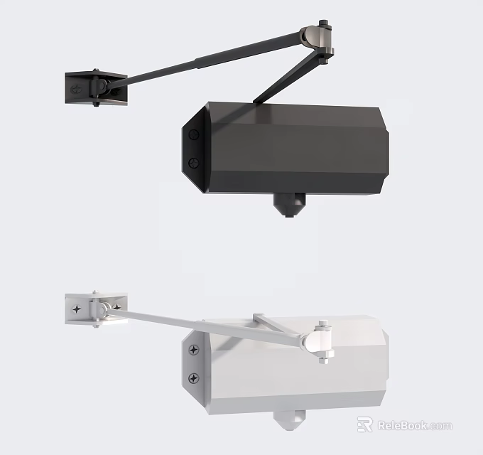 Black and White Door Closers with Metal Arms and Mounting Hardware 3d model 