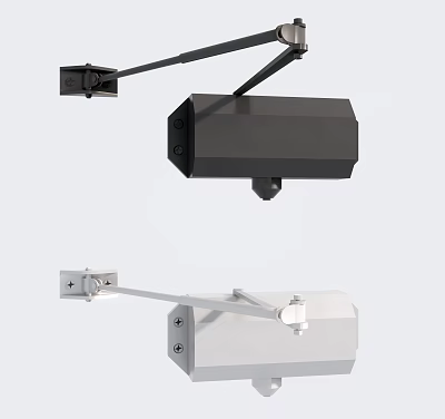 Black and White Door Closers with Metal Arms and Mounting Hardware 3d model