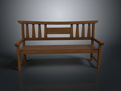 Wooden Outdoor Bench With Vertical Slat Backrest And Decorative Panel Design 3d model