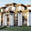 Two Story Detached Villa With White Exterior Brown Roof Columns And Palm Trees