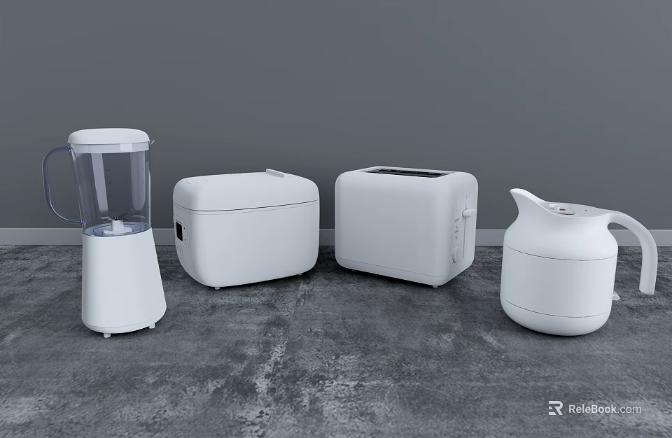 Modern White Kitchen Appliances Including Blender Toaster Bread Maker And Kettle 3d model 