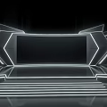 Futuristic Stage With Geometric Shapes And Neon Lights On Black Background