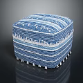 Blue and White Woven Striped Ottoman With Tassel Trim Ethnic Style Home Decor