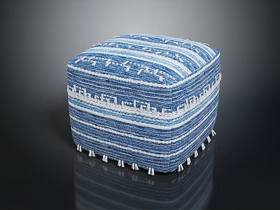 Blue and White Woven Striped Ottoman With Tassel Trim Ethnic Style Home Decor 3d model