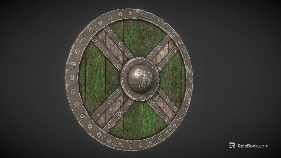 Medieval Viking Wooden Shield with Green Panels Metal Frame and Decorative Edge Patterns 3d model 
