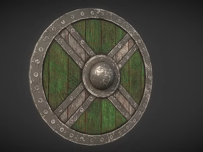 Medieval Viking Wooden Shield with Green Panels Metal Frame and Decorative Edge Patterns 3d model