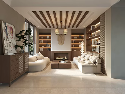 Traditional Style Living Room Interior With Curved Sofas Fireplace And Bookshelves 3d model