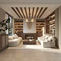 Traditional Style Living Room Interior With Curved Sofas Fireplace And Bookshelves