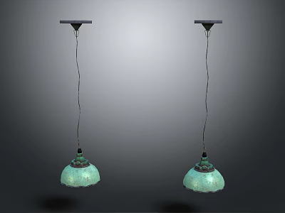 Two Elegant Hanging Chandeliers With Light Green Patterned Shades 3d model