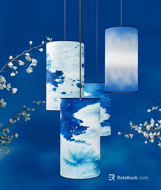 Blue And White Ink Style Pendant Lights With White Blossom Branches On Blue Background 3d model 