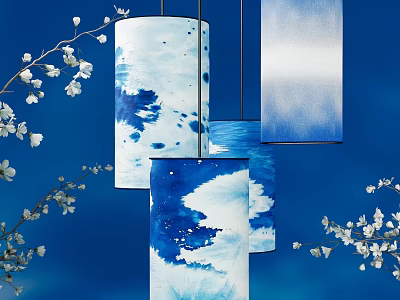 Blue And White Ink Style Pendant Lights With White Blossom Branches On Blue Background 3d model