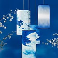 Blue And White Ink Style Pendant Lights With White Blossom Branches On Blue Background