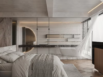 Modern Bedroom Interior Design With Light-colored Bedding Wooden Flooring And Round Decorative Mirror 3d model