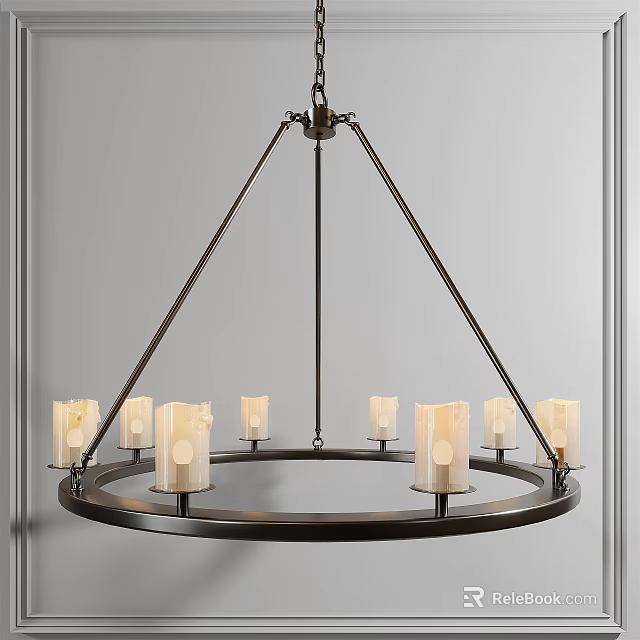 Stylish Circular Chandelier With Metallic Frame And Multiple Candle Shaped Lights 3d model 