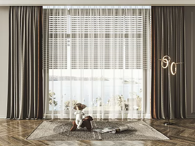 Gray Curtains With Sheer Panels For Bright Window In Modern Living Space 3d model