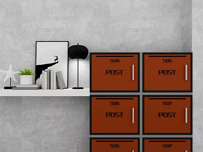 Public Facility Featuring Multiple POST Lockers With Shelf Lamp Potted Plant Books And Painting 3d model