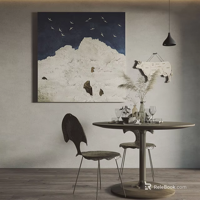 Modern Round Dining Table Set With Stylish Chairs Decorative Vases And Wall Art 3d model 