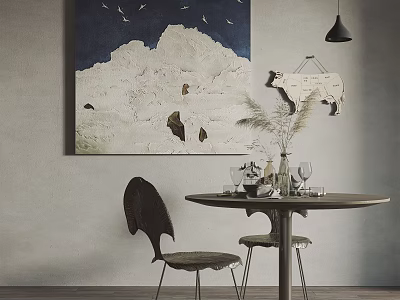 Modern Round Dining Table Set With Stylish Chairs Decorative Vases And Wall Art 3d model