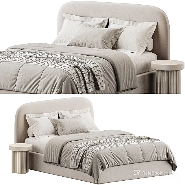 Modern Double Bed With Upholstered Headboard Plush Pillows Linen Bedding And Side Table 3d model 