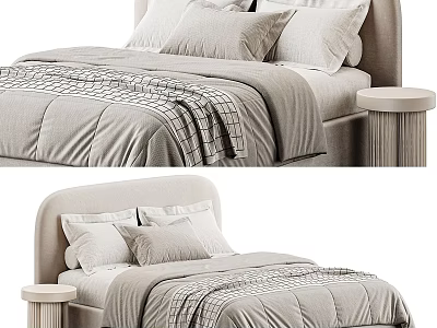 Modern Double Bed With Upholstered Headboard Plush Pillows Linen Bedding And Side Table 3d model