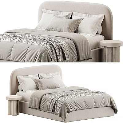 Modern Double Bed With Upholstered Headboard Plush Pillows Linen Bedding And Side Table 3d model