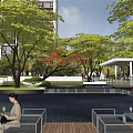 Modern Urban Garden Landscape With Blue Running Track Greenery Fitness Equipment And People Exercising