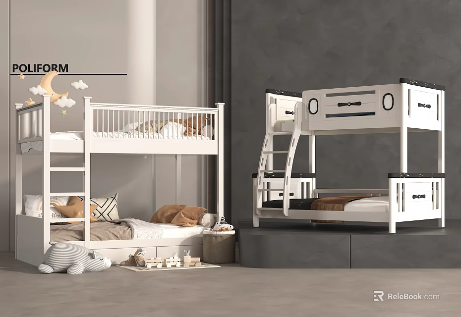 White Bunk Bed Design With Ladder And Cozy Mattress For Kids Room 3d model 