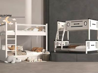 White Bunk Bed Design With Ladder And Cozy Mattress For Kids Room 3d model
