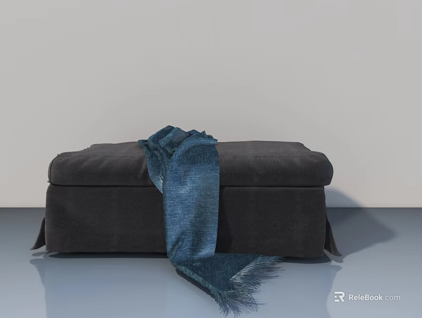 Gray Fabric Storage Ottoman With Blue Scarf On Light Gray Floor Surface 3d model 