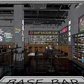 Base Bar Interior Featuring Neon Lights Shelves Full Of Bottles And Tables With Stools 3d model