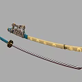 Traditional Japanese Katana Swords with Blue Gold Handle Yellow Sheath and Ornamental Details
