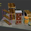 Assorted Furniture Collection With Wooden Shelves Metal Frame Cabinet And Barrels