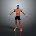 Barefoot Male Swimmer in Blue Cap and Goggles Standing with Outstretched Arms on Gray Background