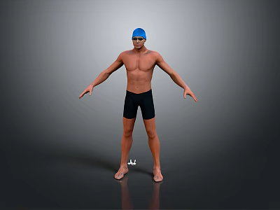 Barefoot Male Swimmer in Blue Cap and Goggles Standing with Outstretched Arms on Gray Background 3d model