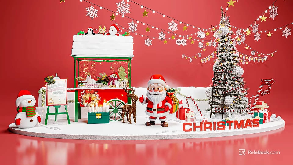 Christmas Themed Photo Spot With Santa Snowflake Decorations And Festive Tree 3d model 