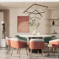 Modern Restaurant Interior With Round Dining Table Pink White Chairs Geometric Pendant Lights Decorative Painting