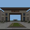 New Chinese Style Entrance Gate With Symmetric Buildings Lawn And Stone Pathway