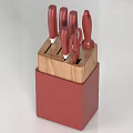 Red Handle Kitchen Knife Set With Scissors In Wooden Block Stand 3d model