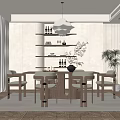 Modern Restaurant Dining Space With Wooden Table Chairs Hanging Pendant Lamp Display Shelves And Indoor Plant
