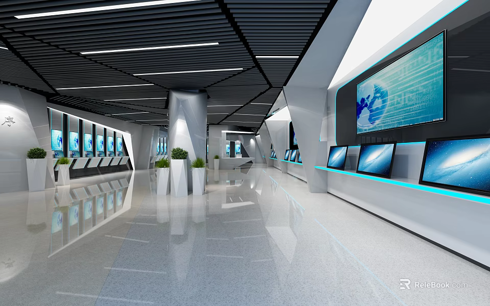 Modern Exhibition Hall Interior With Digital Displays Sleek Floors White Columns And Green Plants 3d model 