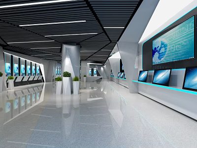 Modern Exhibition Hall Interior With Digital Displays Sleek Floors White Columns And Green Plants 3d model