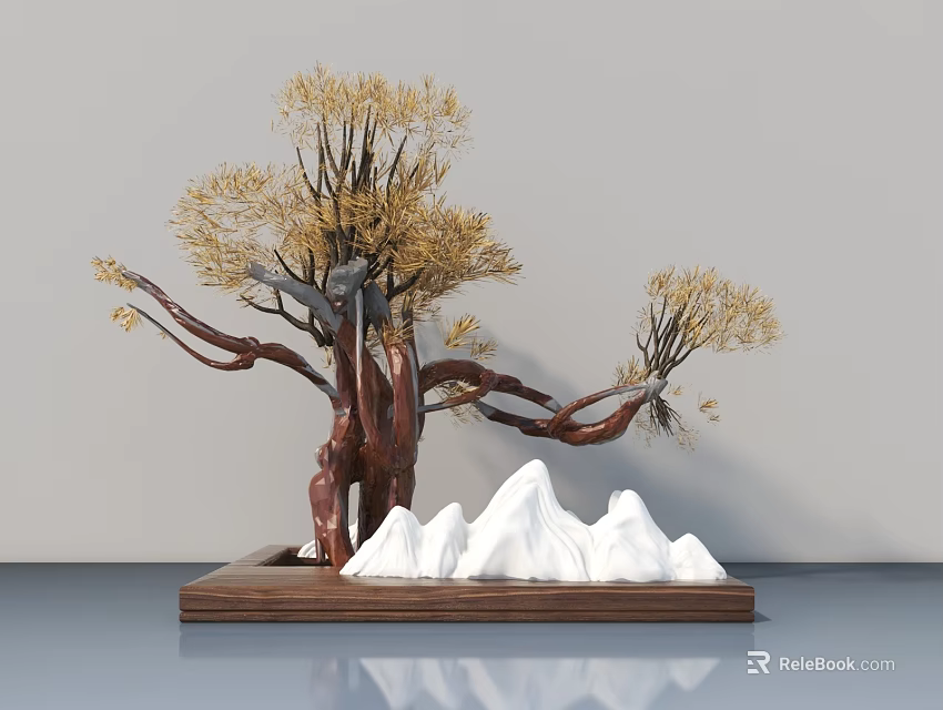 Bonsai Tree with Golden Leaves and Brown Trunk on Wooden Base with White Rocks 3d model 
