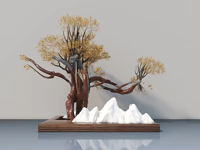 Bonsai Tree with Golden Leaves and Brown Trunk on Wooden Base with White Rocks 3d model