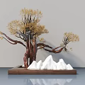 Bonsai Tree with Golden Leaves and Brown Trunk on Wooden Base with White Rocks