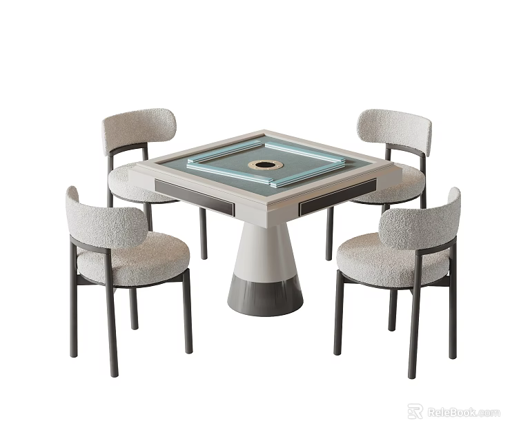 Modern Entertainment Table With Square Glass Top Cylindrical Base And Four Upholstered Chairs 3d model 